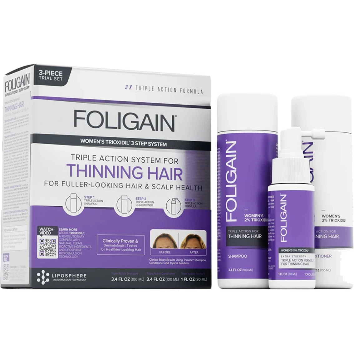 Hot Sale ✨ Foligain 3 Pc. Trial- 👩 Women's Triple Action Complete System For Thinning Hair 💯